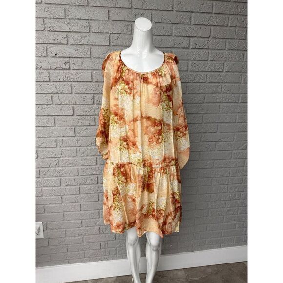 H&M Women peach Green Hydrangea Print Floral Ballon Sleeve Dress Size M - Picture 3 of 14